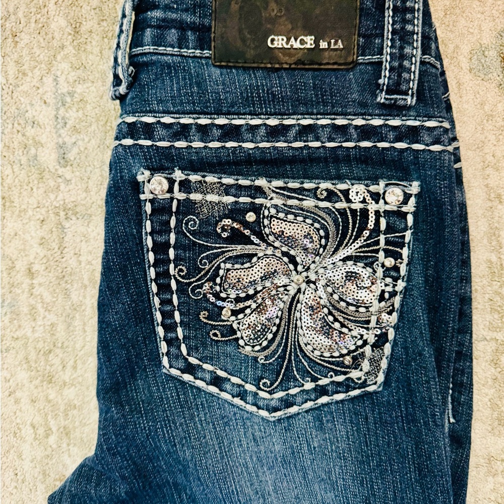 Grace in LA Blue Boot Cut Jeans with Rhinestone Details